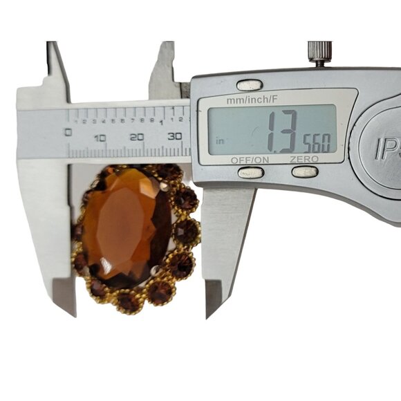 Gold Tone Rhinestone Flower Faceted Topaz Glass Trombone Clasp Cameo Brooch M755 - Picture 7 of 8